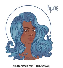 Illustration of Aquarius astrological sign as a beautiful African American girl. Zodiac vector illustration isolated on white. Future telling, horoscope, alchemy, spirituality, fashion black woman.