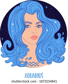 Illustration of Aquarius astrological sign as a beautiful girl. Zodiac vector illustration isolated on white. Future telling, horoscope, alchemy, spirituality, occultism, fashion woman.