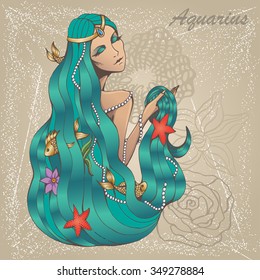 illustration of Aquarius astrological sign as a beautiful girl. 