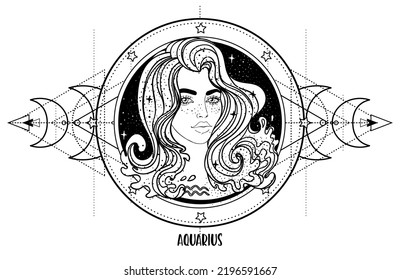 Illustration of Aquarius astrology sign as a beautiful girl over sacred geometry frame. Zodiac vector drawing isolated in black and white. Future telling, horoscope, spirituality. Coloring book.