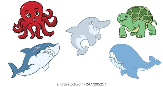 Ilustración de animales acuáticos
pulpo, esquisto, delfín, tortuga y tiburón