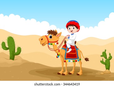 Illustration of Arab boy riding a camel in the desert