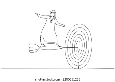 Illustration of arab businessman with briefcase standing on dart to achieve business goal. Metaphor for solution, achievement, mission, and direction. Single continuous line art
