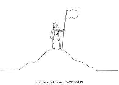 Illustration of arab businessman with flag on mountain top over sky concept of business success. Single continuous line art