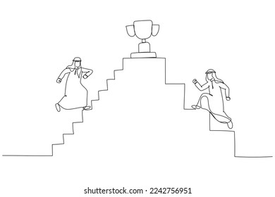 Illustration of arab businessman going up the stairs towards the trophy at the top. Single continuous line art style