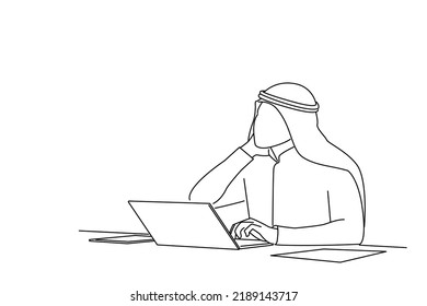 Illustration of Arab Businessman having neck pain. One line style art
