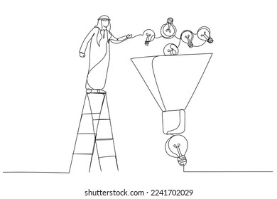 Illustration of arab businessman help put small lightbulb in funnel to get final idea. Idea funnel. Single line art style
