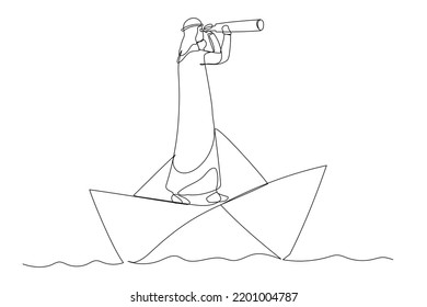 Illustration of arab businessman looks through a telescope standing on paper boat vector, business concept illustration. One continuous line art style
