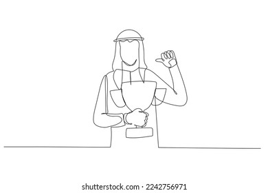 Illustration of arab businessman pointing self with thumb feeling proud get trophy award for achievement. Continuous line art style
