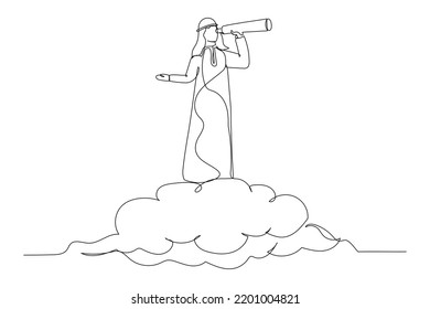 Ilustración de un empresario árabe montando en la nube telescopio o binocular para buscar un visionario de negocios. Oportunidad, concepto de objetivo de empresa de visión. Un estilo de arte de línea continua
