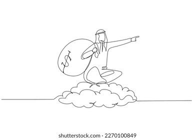 Illustration of arab businessman riding money bag pointing to goal. metaphor for investment gain. One continuous line art style