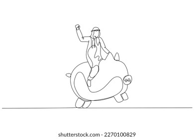 Illustration of arab businessman riding piggy bank. metaphor for investment and saving. Single line art style