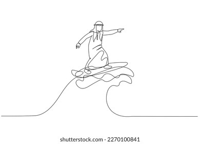 Illustration of arab businessman riding surf board with wave. metaphor for overcome difficulty. One line art style