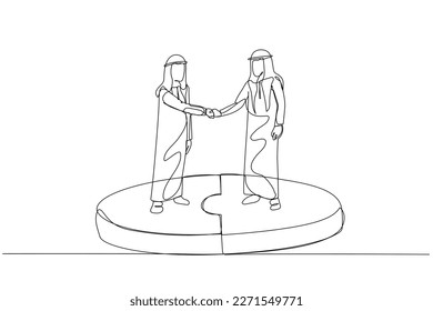 Illustration of arab businessman standing in connected puzzle shaking hand. Concept of business deal. One line art style