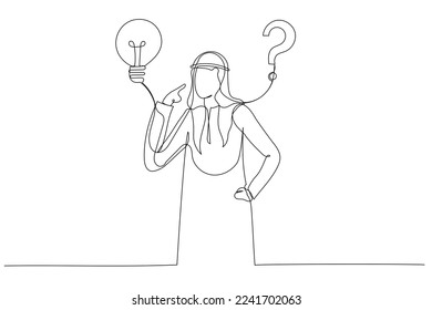 Illustration of arab businessman think of solution to solve problem with lightbulb and question mark. Solution to solve problem. Single line art style
