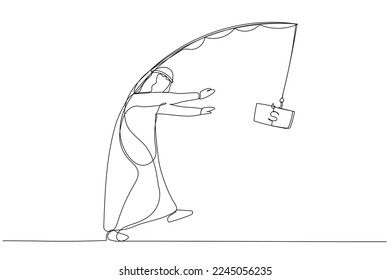 Illustration of arab businessman walk like zombie live life with money as motivation. One line art style