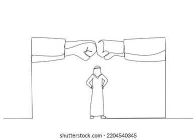 Illustration of arab businessman watching two giant fist clashed. One line art style
