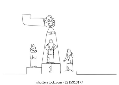 Illustration of arab businesswoman on podium, one among them being flash lighted by big hand from top using flashlight. Single line art style
