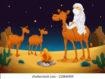 illustration of a arab and camel in dark night