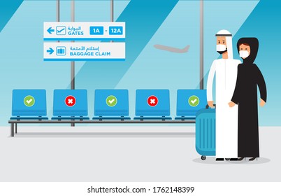 Illustration of an Arab couple in Airport looking at the seats with social distancing signs. English translation under Arabic for all signs. Editable vector file.