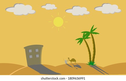 Illustration of an Arab man and his pet camel in the desert