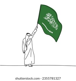 Illustration of an Arab man holding KSA Saudi Arabia flag line art. KSA Saudi National Day. Saudi Founding Day. Saudi Flag Day.