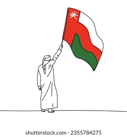 Illustration of an Arab man holding Oman flag line art. Oman National Day. Sultanate of Oman.