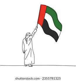 Illustration of an Arab man holding UAE emirates flag line art. UAE National Day. UAE Flag Day.