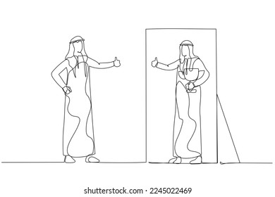 Ilustración de un hombre árabe mirando hacia un espejo que da un pulgar al concepto de amor propio. Arte de estilo de una línea
