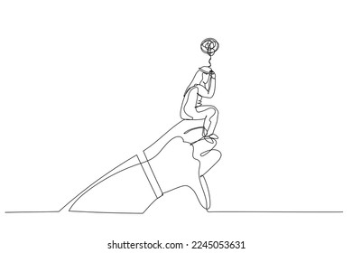 Illustration of arab man sad and stressed thinking of manager negative feedback evaluation. One line art style
