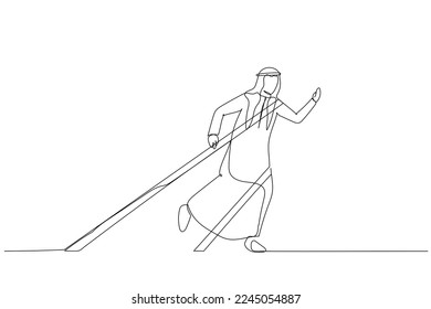 Illustration of arab man tied up with tape rope try to escape concept of business difficulty. One line art style