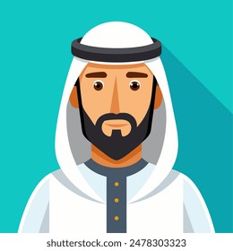 Illustration of an Arab man wearing traditional attire with a headscarf and a beard