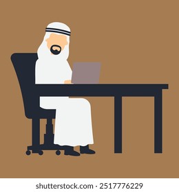 An illustration of an arab man working on a laptop at his desk.