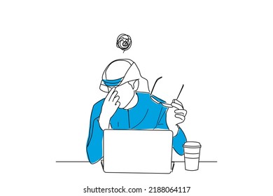 Illustration of arab man working over night have a headache sickness. One continuous line art style
