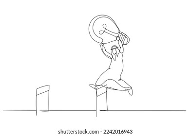 Illustration of arab muslim businessman jumping over hurdle. Continuous line art
