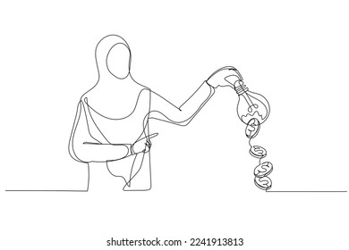 Illustration of arab muslim businesswoman drop lubricant or grease into mechanical gears lightbulb  concept of creativity. One line style art