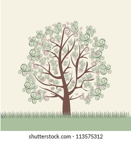 Illustration of an arabesques tree, green and brown, vector illustration