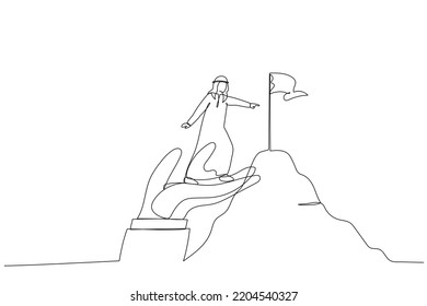 Illustration of arabian businessman stand on giant helping hand to reach mountain peak target flag.  One continuous line art style
