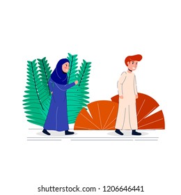 Illustration Arabian Hijab Women Chase Men, Men Waiting Women for Walking Together Flat Vector Doodle Illustration