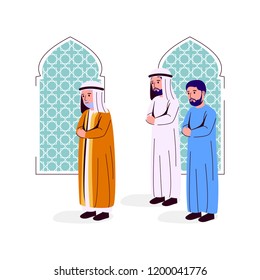 Illustration Arabian Man Praying Together, Imam And Makmum Vector Illustration