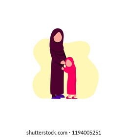 Illustration Arabian Pregnant Mom With Her Daughter Hearing Baby Vector Flat Cartoon