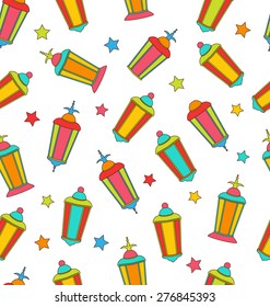 Illustration Arabian Seamless Pattern with Lamps and Stars. Colorful Outline Flat Elements - Vector