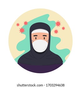 Illustration of arabian woman with antivirus medical masks. Coronavirus danger. Design element for poster, label, sign, emblem, infographic. Vector illustration