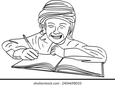 Illustration of Arabic boy reading an interesting book at school, Cartoon of joyful school boy sitting at a desk studying