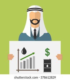 Illustration Arabic Businessman Holding Banner with Graphic of Oil Prices Up, Black Barrels, Dollars and Growth Chart - Vector