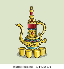 Illustration of an Arabic coffee or tea pot and cup with gold and red details.