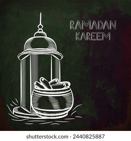 Illustration of arabic intricate lantern and dates on black chalk board background for Islamic holy month of prayers, Ramadan Kareem celebrations.