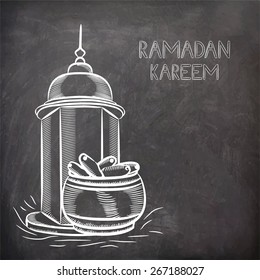 Illustration of arabic intricate lantern and dates on black chalk board background for Islamic holy month of prayers, Ramadan Kareem celebrations. 