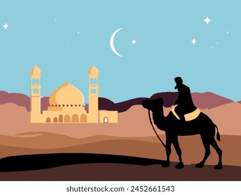 illustration of arabic man riding camel travel to mosque  during night at the dessert. islam, ramadan and eid mubarak concept.