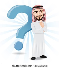 Illustration of Arabic man thinking with big question mark background